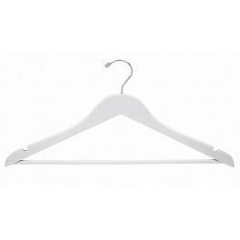 Sloped Wooden Hanger with Notches and Grip Bar, White Finish with Chrome Hardware