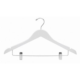 Sloped Wooden Hanger with Notches and Clips, White Finish with Chrome Hardware