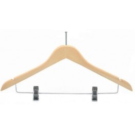 Wooden Loss-Prevention Hanger with Clips, Natural Finish with Polished Steel Hardware