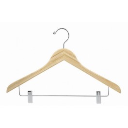 Sloped Wooden Hanger with Trouser Clips, Light Bamboo with Chrome Hardware