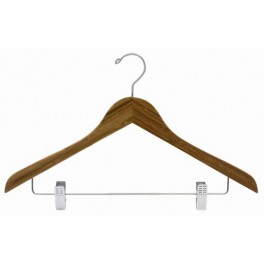 Sloped Wooden Hanger with Trouser Clips, Dark Bamboo with Chrome Hardware