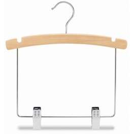 Curved Wooden Hanger with Notches and Dropped Trouser Clips, Natural Finish with Chrome Hardware, 10”