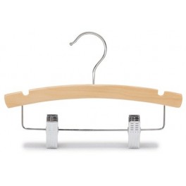 Curved Wooden Hanger with Notches and Trouser Clips, Natural Finish with Chrome Hardware, 10”