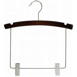 Curved Wooden Hanger with Notches and Dropped Trouser Clips, Walnut Finish with Chrome Hardware, 10”"