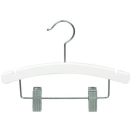 Curved Wooden Hanger with Notches and Trouser Clips, White Finish with Chrome Hardware, 12”