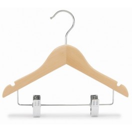 Sloped Wooden Hanger with Notches and Clips, Natural Finish with Chrome Hardware, 11”