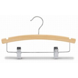 Curved Wooden Hanger with Notches and Trouser Clips, Natural Finish with Chrome Hardware, 12”