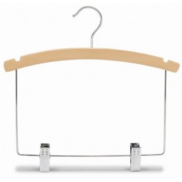 Curved Wooden Hanger with Notches and Dropped Trouser Clips, Natural Finish with Chrome Hardware, 12”