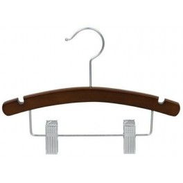 Curved Wooden Hanger with Notches and Trouser Clips, Walnut Finish with Chrome Hardware, 12”