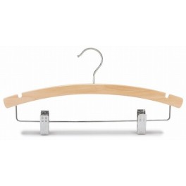 Curved Wooden Hanger with Notches and Trouser Clips, Natural Finish with Chrome Hardware, 14”