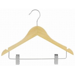 Sloped Wooden Suit Hanger with Notches and Clips, Natural Finish with Chrome Hardware, 14”