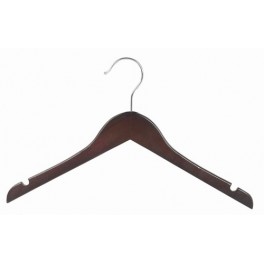 Sloped Wooden Coat Hanger with Notches, Walnut Finish with Chrome Hardware, 14”