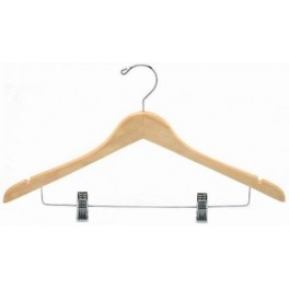 Shaped Wooden Coat Hanger with Notches and Trouser Clips (Natural Finish with Chrome Hardware)