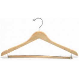 Shaped Wooden Coat Hanger with Notches and Locking Trouser Bar (Natural Finish with Chrome Hardware)
