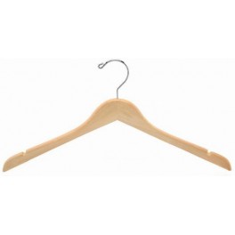 Sloped Wooden Dress Hanger with Notches, Natural Finish with Chrome Hardware