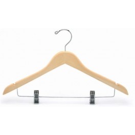 Sloped Wooden Hanger with Notches and Trouser Clips, Natural Finish with Chrome Hardware