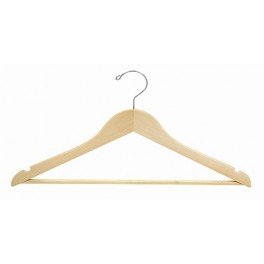 Sloped Wooden Hanger with Trouser Bar, Petite Size.  Natural Finish with Chrome Hardware