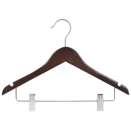 Sloped Wooden Suit Hanger with Notches and Clips, Walnut Finish with Chrome Hardware, 14”