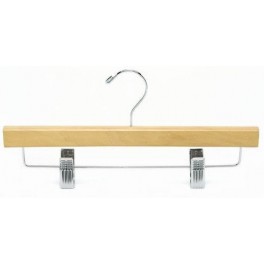 Curved Wooden Trouser and Skirt Hanger with Clips, Natural Finish with Chrome Hardware