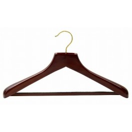 Heavy Duty Shaped Wooden Suit Hanger with Grip Bar, Walnut Finish with Brass Hardware