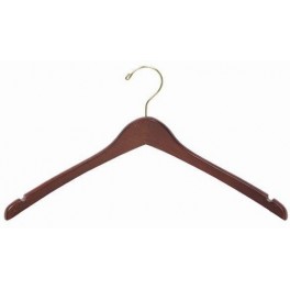 Shaped Wooden Coat Hanger with Notches, Walnut Finish with Brass Hardware