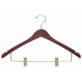 Shaped Wooden Suit Hanger with Notches and Trouser Clips, Walnut Finish with Brass Hardware