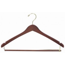 Shaped Wooden Suit Hanger with Notches and Locking Trouser Bar, Walnut Finish with Brass Hardware