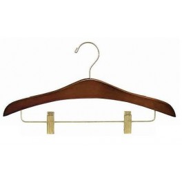 Sculpted Wooden Hanger with Trouser Clips, Walnut Finish with Brass Hardware