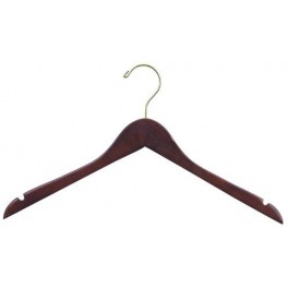 Sloped Wooden Dress Hanger with Notches, Walnut Finish with Brass Hardware