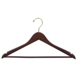 Sloped Wooden Hanger with Notches and Trouser Bar, Walnut Finish with Brass Hardware