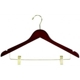 Sloped Wooden Hanger with Notches and Trouser Clips, Walnut Finish with Brass Hardware