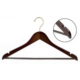 Sloped Wooden Hanger with Notches and Grip Bar, Walnut Finish with Brass Hardware