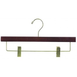 Wooden Trouser and Skirt Hanger with Clips, Walnut Finish with Brass Hardware