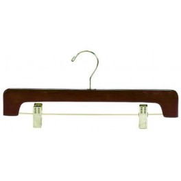 Curved Wooden Trouser and Skirt Hanger with Clips, Walnut Finish with Brass Hardware