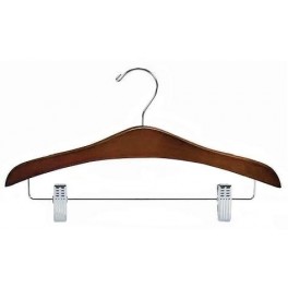 Sculpted Wooden Hanger with Trouser Clips, Walnut Finish with Chrome Hardware