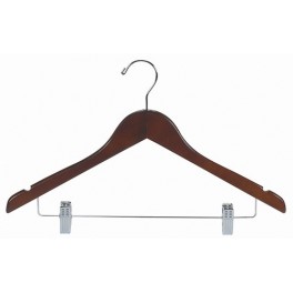 Sloped Wooden Hanger with Notches and Trouser Clips, Walnut Finish with Chrome Hardware