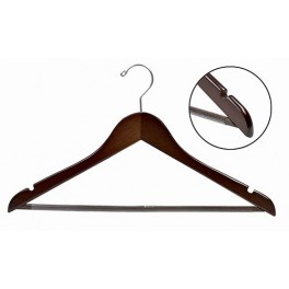 Sloped Wooden Hanger with Notches and Grip Bar, Walnut Finish with Chrome Hardware