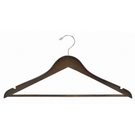 Sloped Wooden Hanger with Notches and Trouser Bar, Walnut Finish with Chrome Hardware