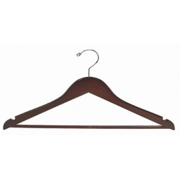 Sloped Wooden Hanger with Trouser Bar, Petite Size.  Walnut Finish with Chrome Hardware