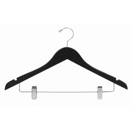 Sloped Wooden Hanger with Notches and Clips, Black Finish with Chrome Hardware