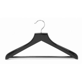 Heavy Duty Shaped Wooden Suit Hanger with Grip Bar, Black Finish with Chrome Hardware