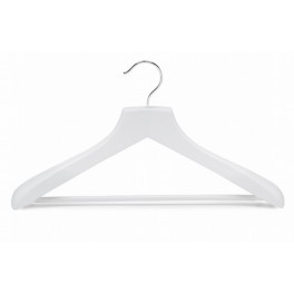 Heavy Duty Shaped Wooden Suit Hanger with Grip Bar, White Finish with Chrome Hardware