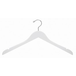 Sloped Wooden Dress Hanger with Notches, White Finish with Chrome Hardware